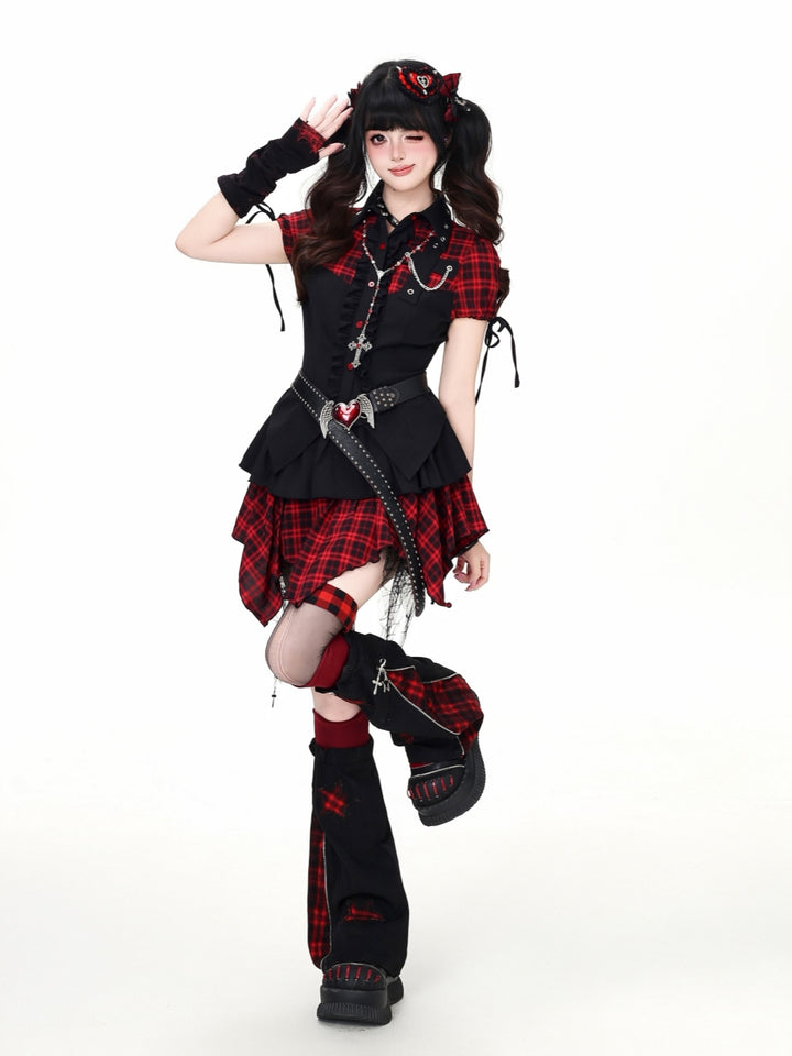 Gothic Red Plaid Top Skirt
