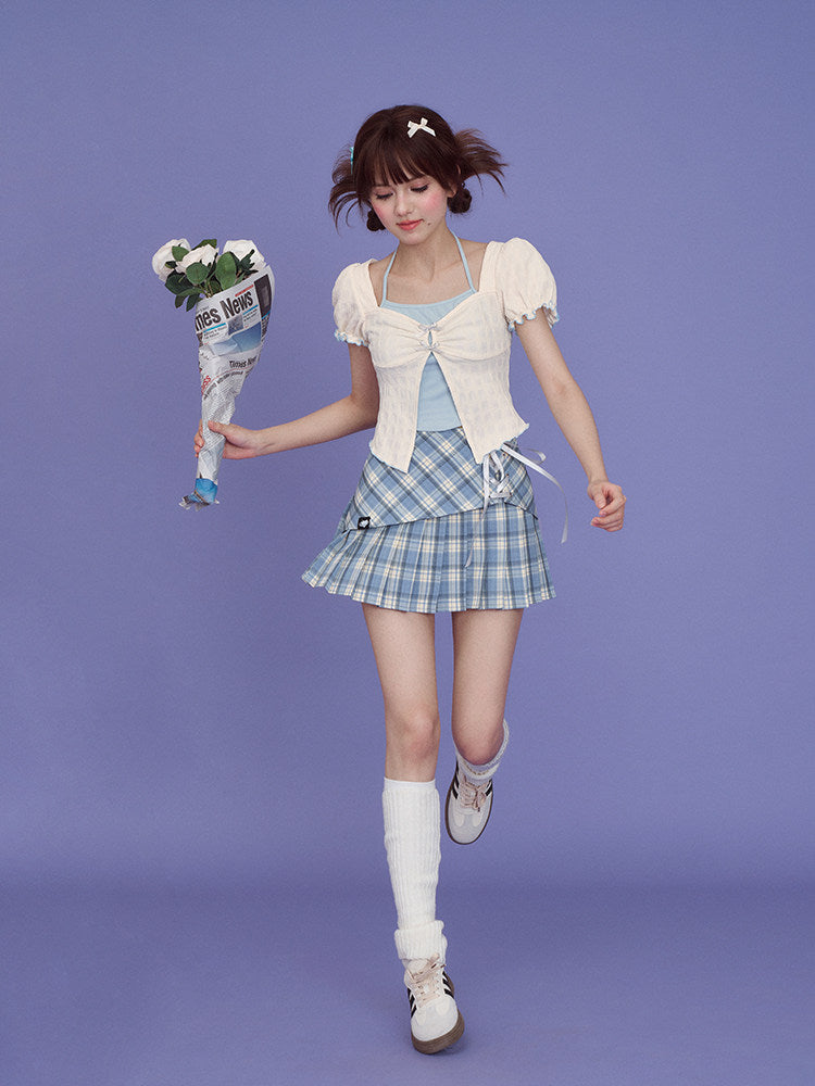Blue Plaid Lace Up Pleated Skort