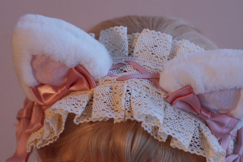 Pink and White Cat Ear Bow Headband