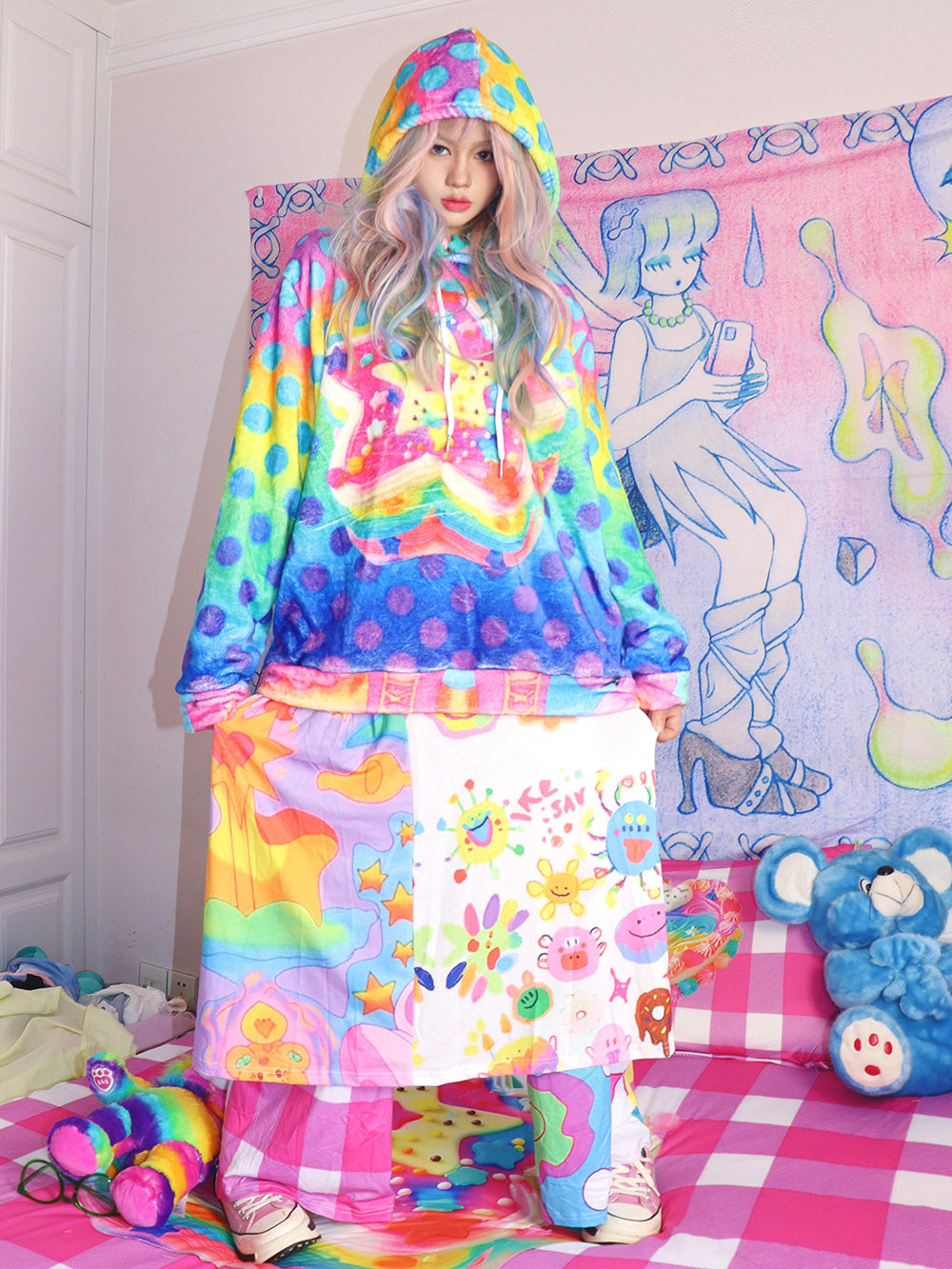 Rainbow Polka Dot Star Fuzzy Hoodie