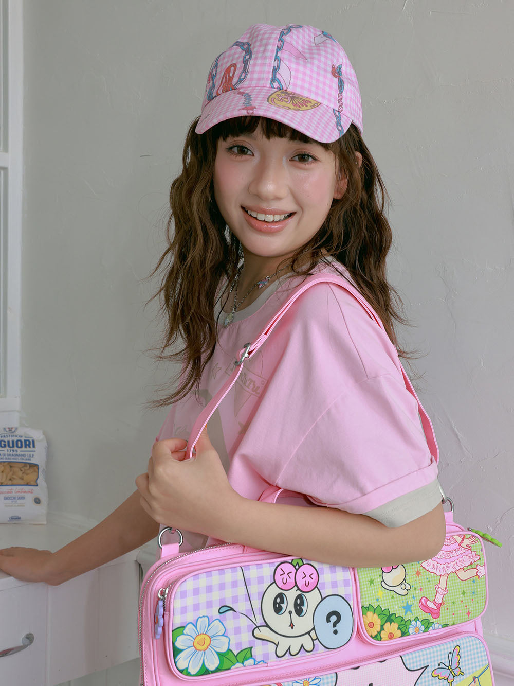 Pink Gingham Chain Print Baseball Cap