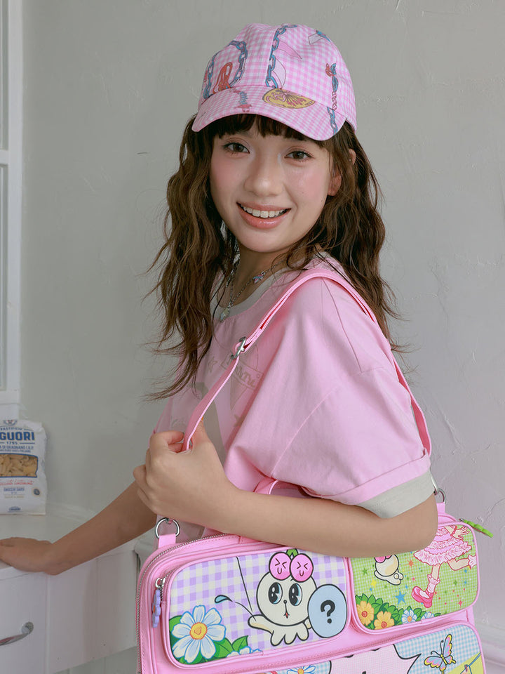 Pink Gingham Chain Print Baseball Cap