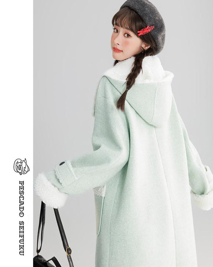 Mint Green College-style Thickened Wool Coat for Winter