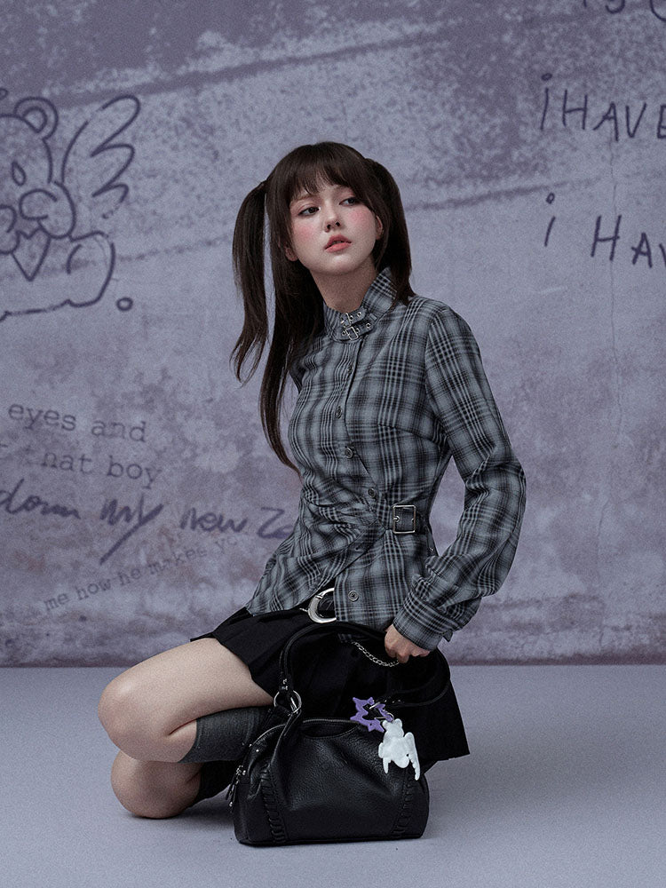 Grunge Asymmetric Plaid Buckle Neck Top