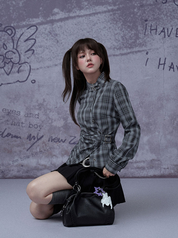 Grunge Asymmetric Plaid Buckle Neck Top