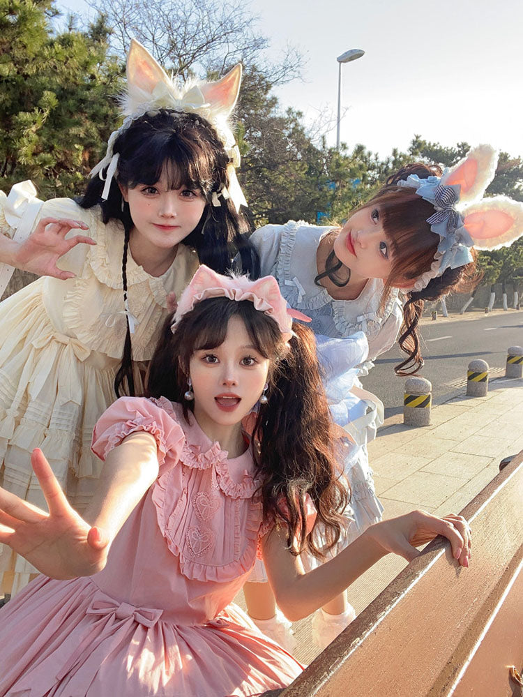 Cream Bunny Ear Lace Headband Pair