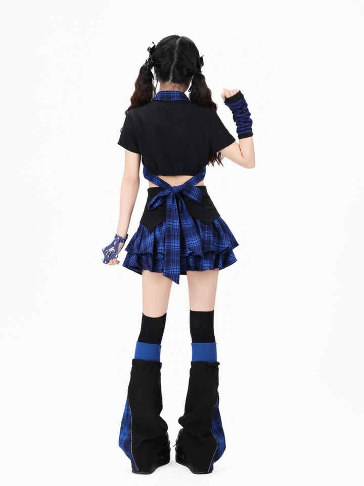 Plaid Tie Crop Top Ruffle Skirt