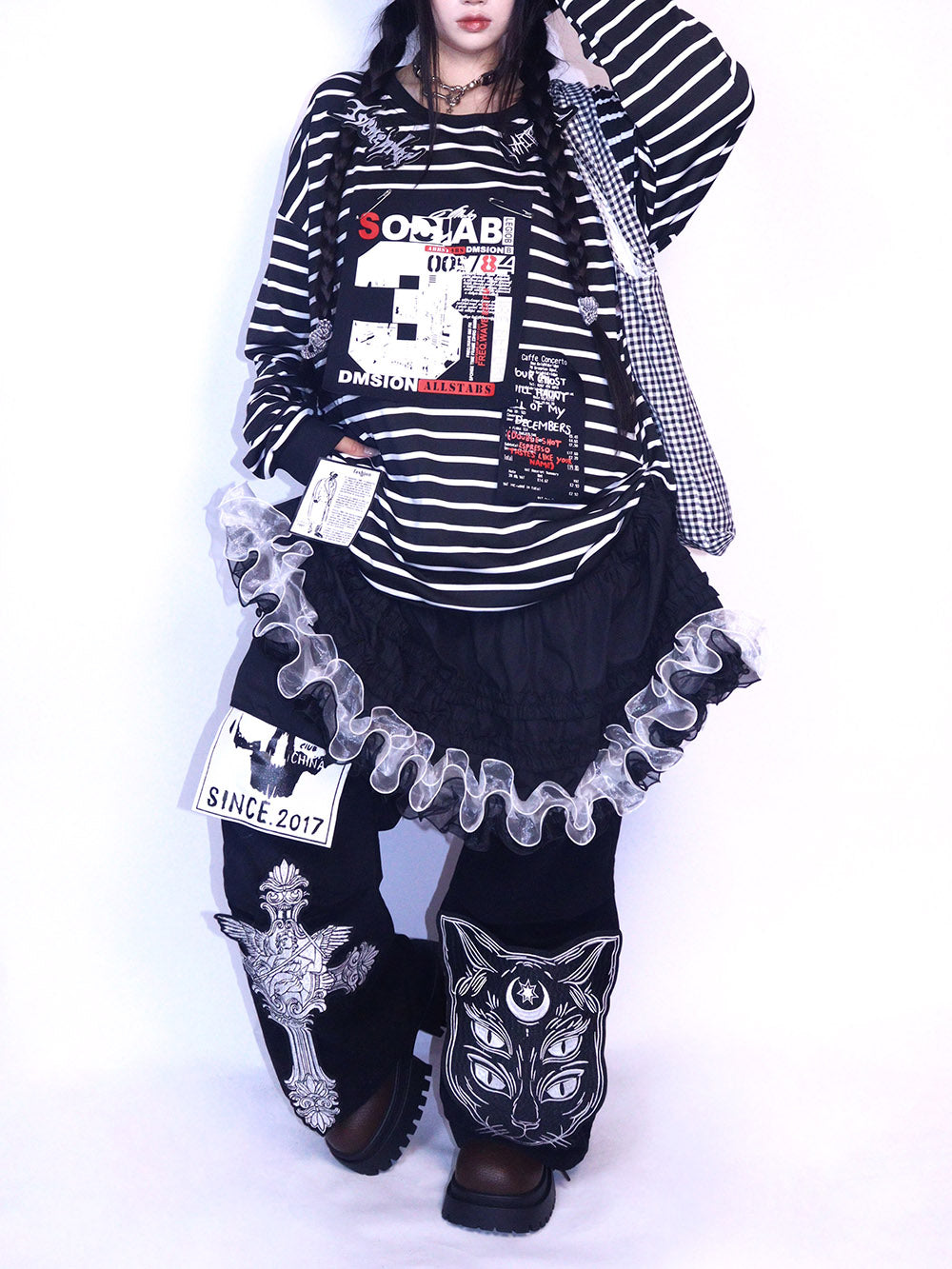 Black Striped Graphic Oversized Long Sleeve T Shirt