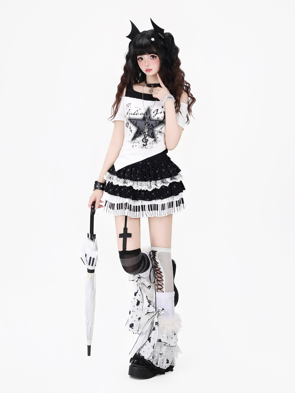 Black White Star Graphic Cold Shoulder T Shirt