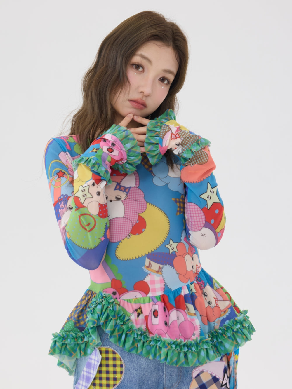 Colorful Cartoon Ruffle Layering Top