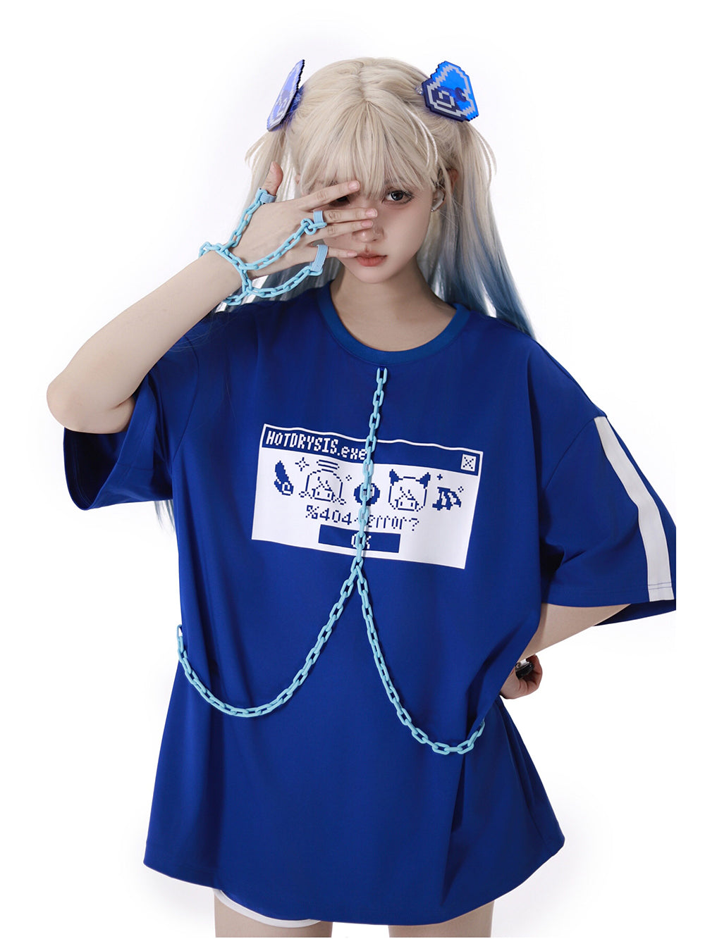 Cyber Y2K Pixel Tee Shorts Leg Warmers Hair Clip