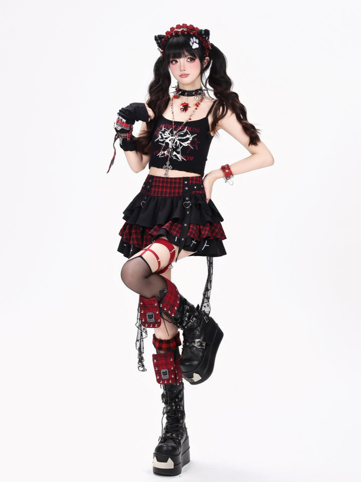 Plaid Cross Trim Tiered Mini Skirt