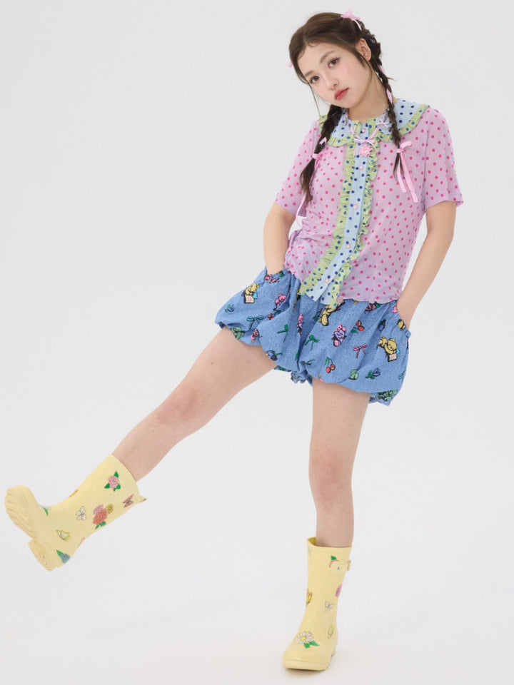 Pink Polka Dot Ruffle Collar Shirt
