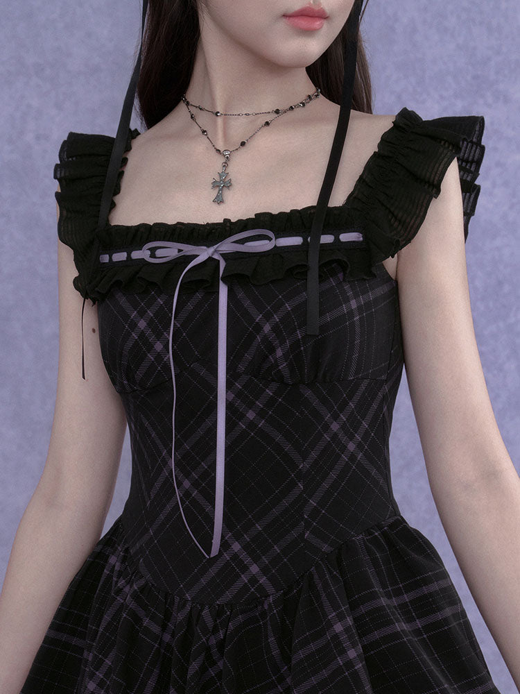 Dark Plaid Ruffle Lace Coquette Dress