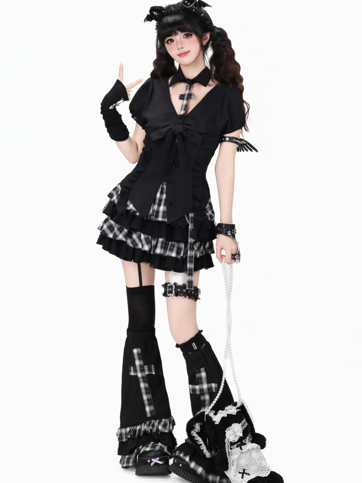 Black Plaid Cross Ruffle Leg Warmers
