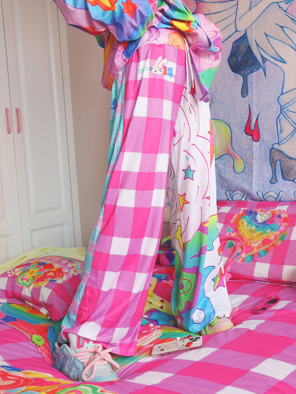 Mismatched Star Check Wide Leg Pants