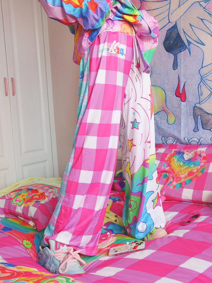 Mismatched Star Check Wide Leg Pants