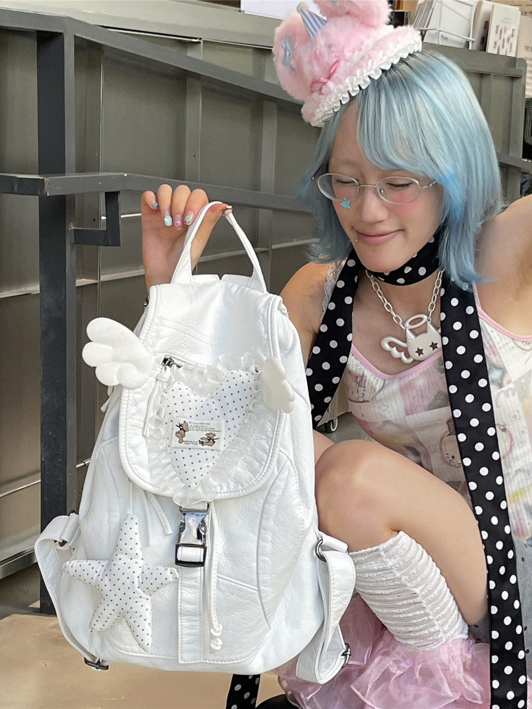White Leather Heart Angel Wings Backpack