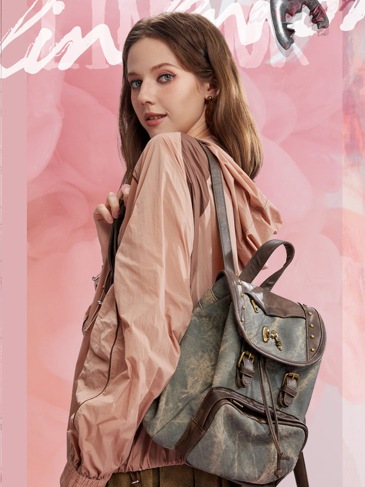 Vintage Studded Drawstring Backpack