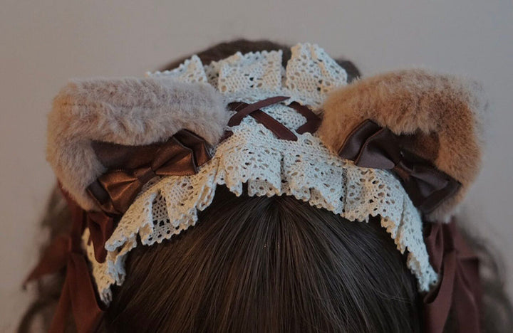 Brown Cat Ear Lace Bow Headband
