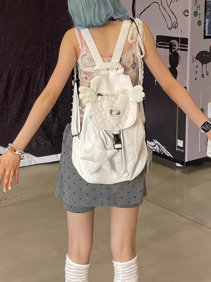 White Leather Heart Angel Wings Backpack