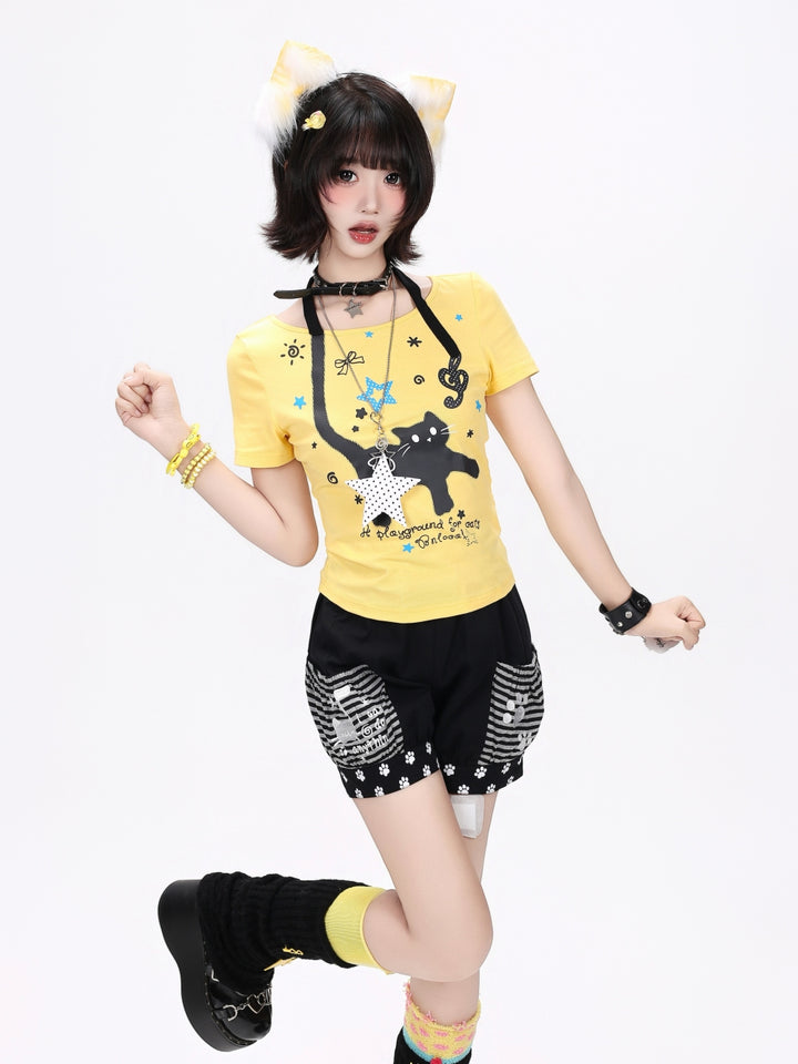 Kawaii Cat Paw Striped Shorts