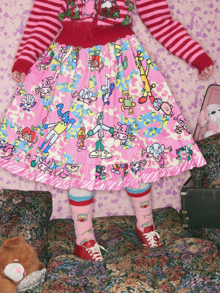 Pink Cartoon Print Ruffle Skirt