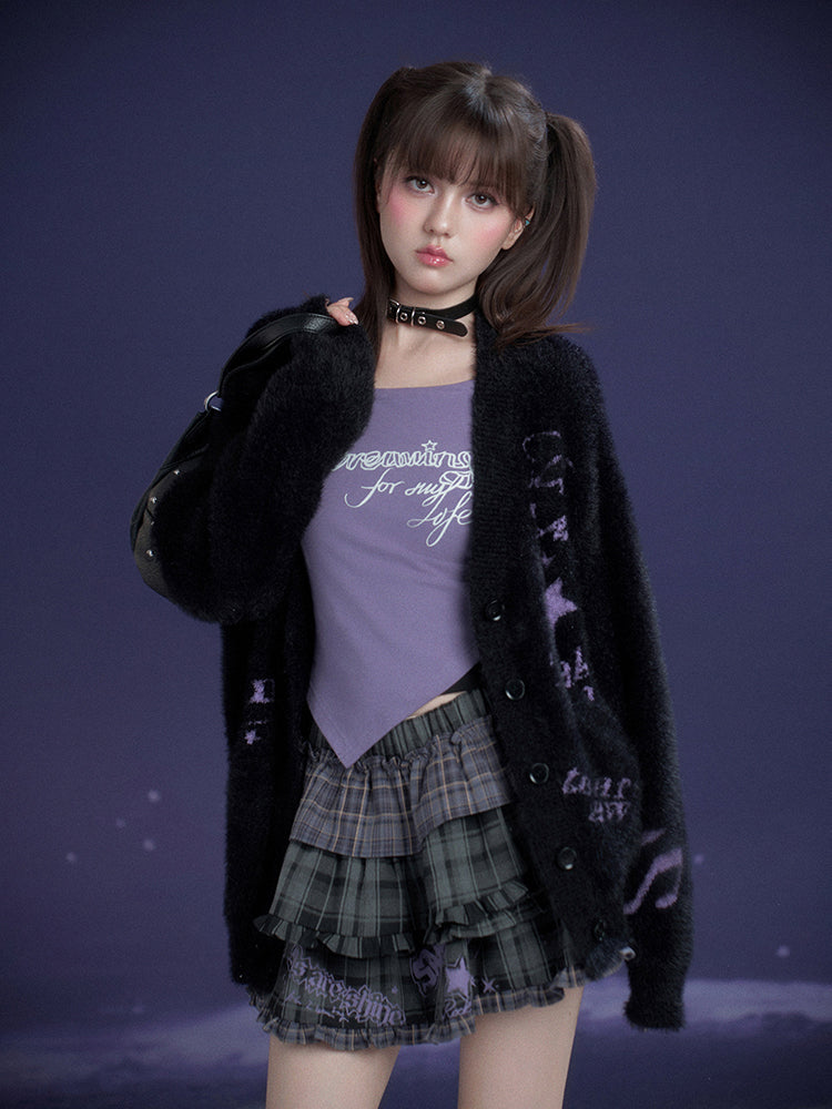 Purple Letter Print Layered Style Long Sleeve Top