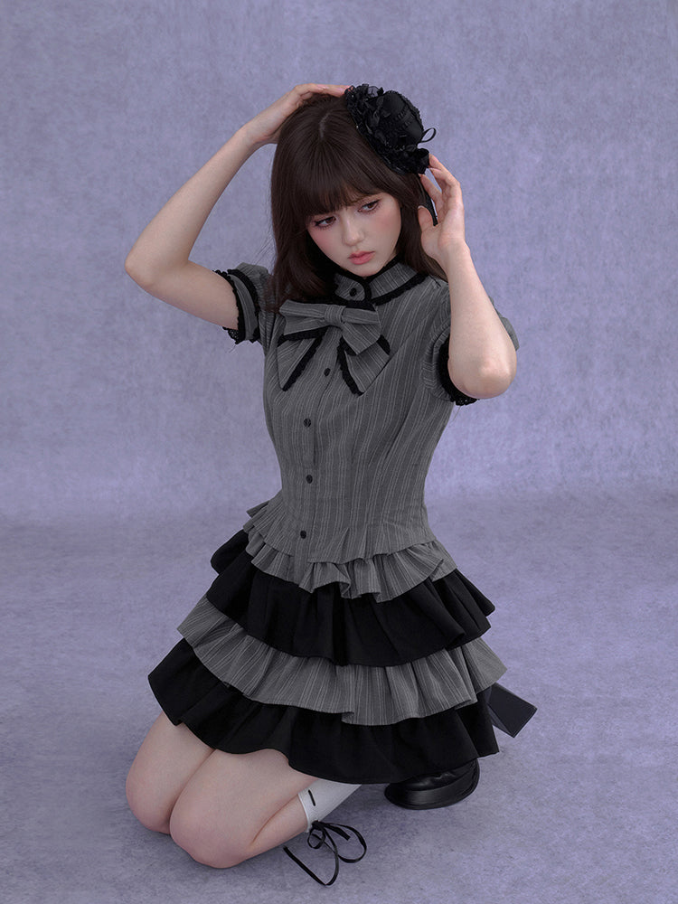 Pinstripe Tiered Ruffle Gothic Smock Dress
