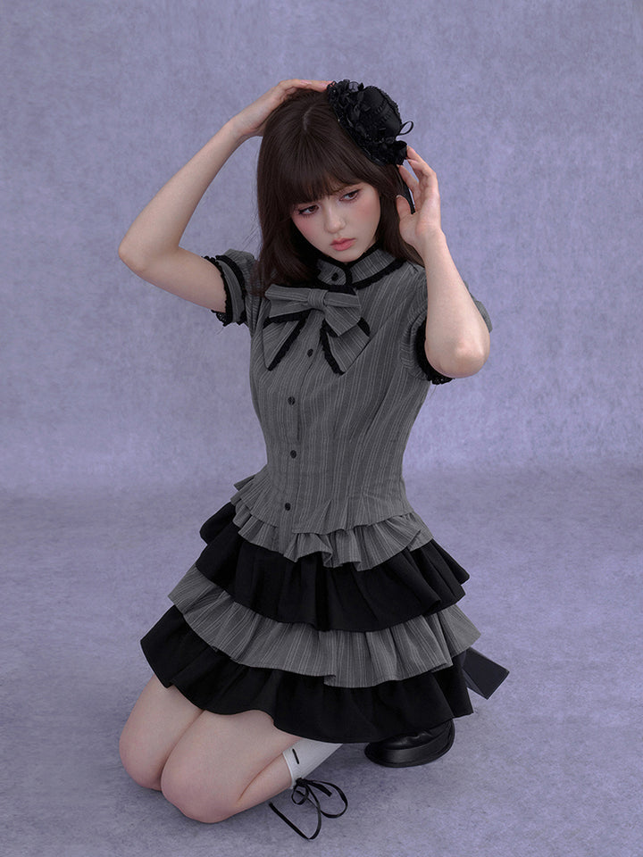 Pinstripe Tiered Ruffle Gothic Smock Dress