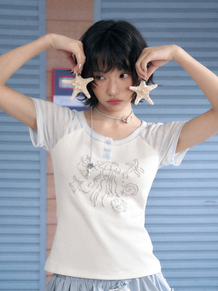 Kawaii Jellyfish Starfish Stripe Sleeve T-shirt