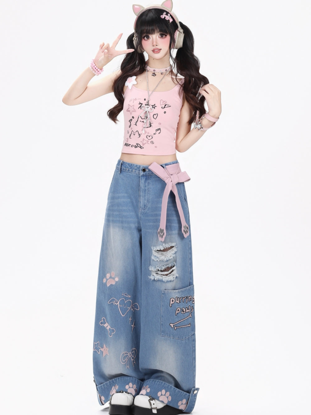 Purring Paws Distressed Plaid Cuff Wide Leg Jeans