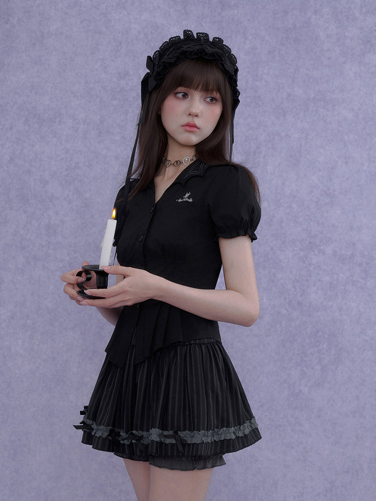 Pinstripe Ruffle Lace Bow Mini Skort