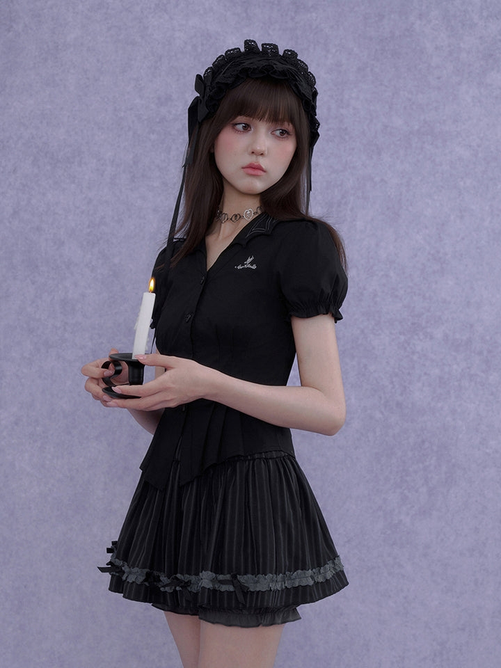 Pinstripe Ruffle Lace Bow Mini Skort