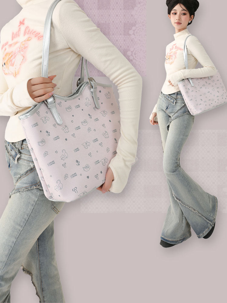 Large-capacity cat and floral print tote bag