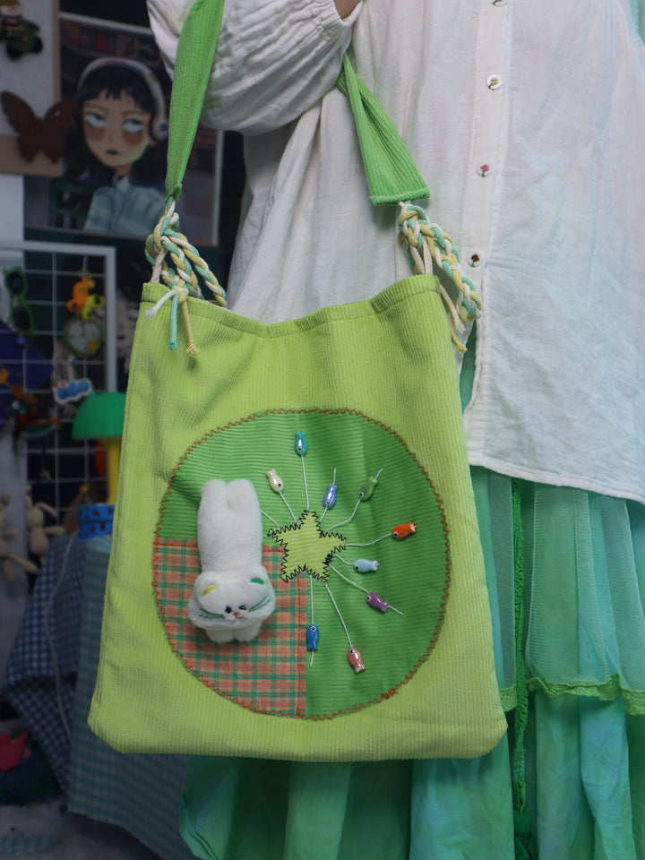 Cat Patch and Fish Beads Green Crossbody Bag