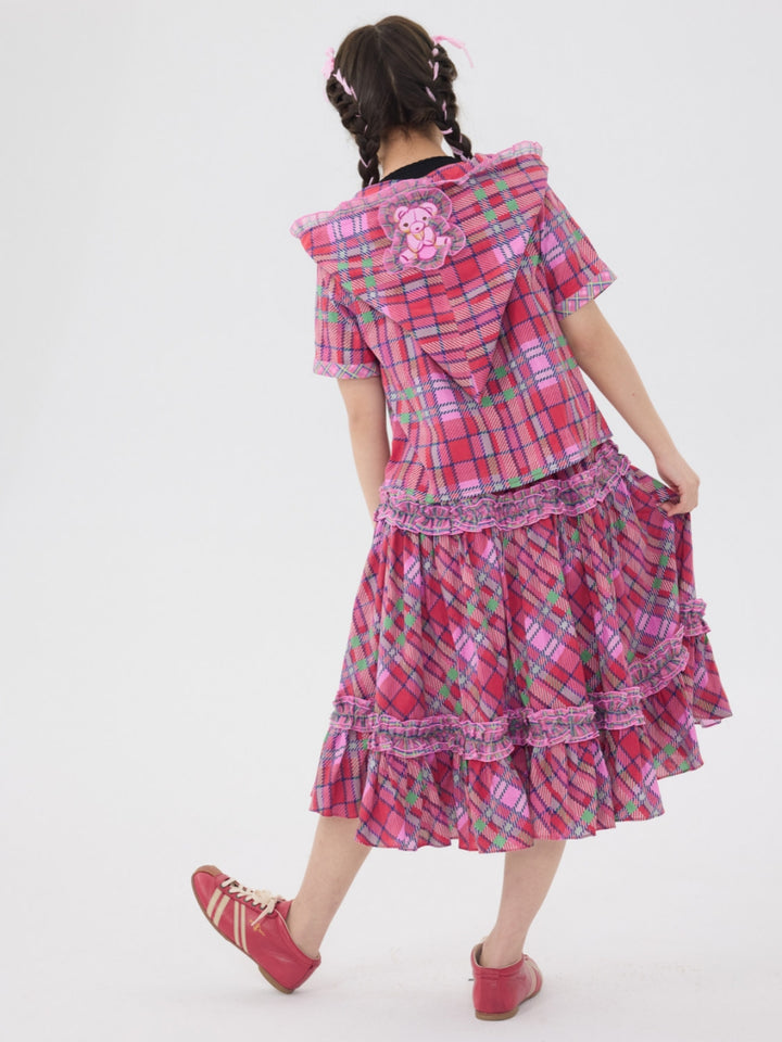 Pink Plaid Hooded Top Skirt