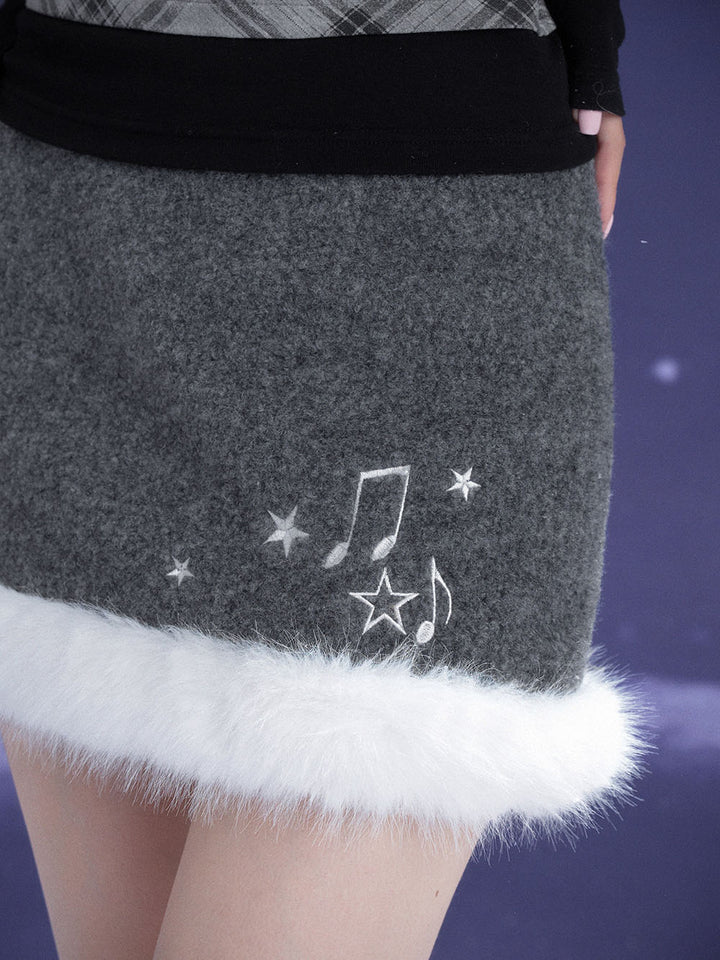 Gray Faux Fur Hem Embroidered Mini Skirt