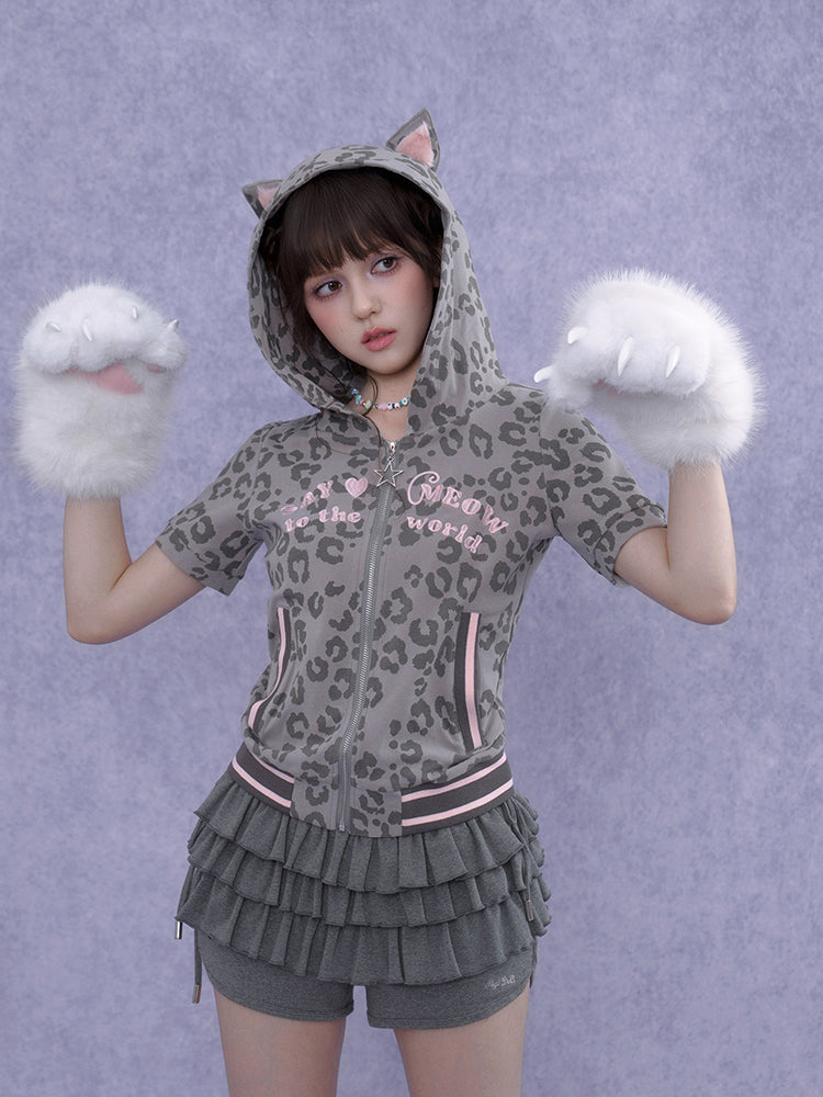 Leopard Print Cat Ear Short Sleeve Hoodie