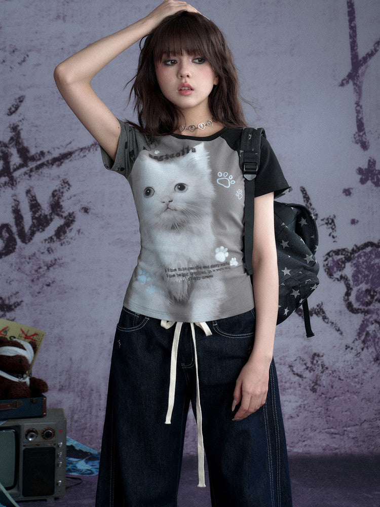 Gray Kitten Graphic Raglan Tee