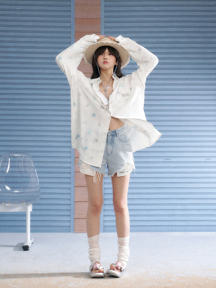 Oversized Subcul Marine Heart Pocket Long Sleeve Shirt