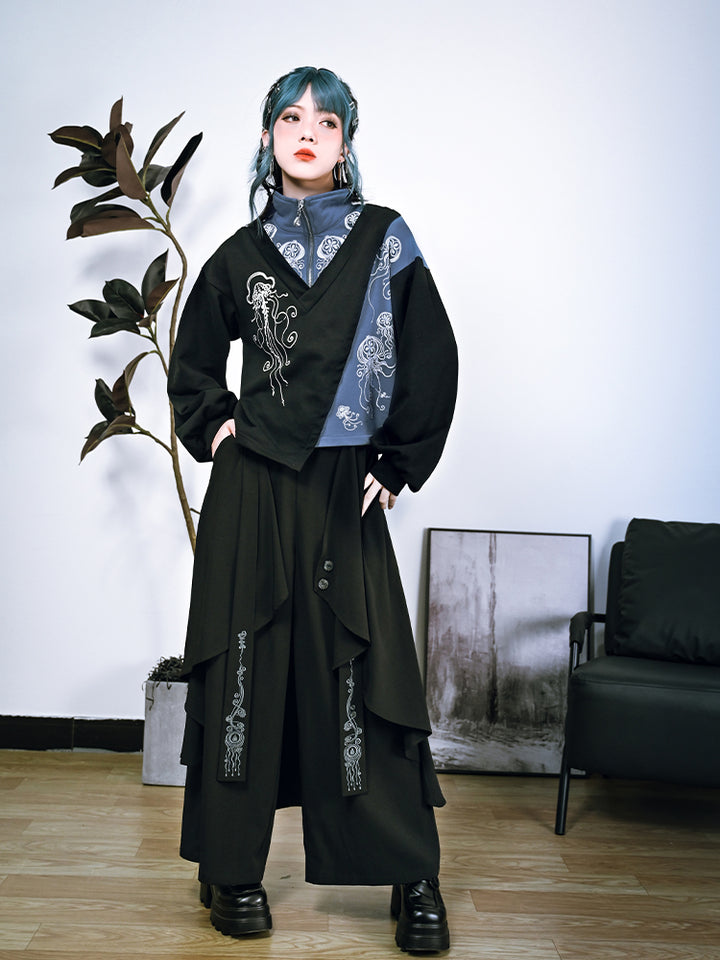 Chinese-style Embroidered Double-layer Asymmetrical Black Wide-leg Pants