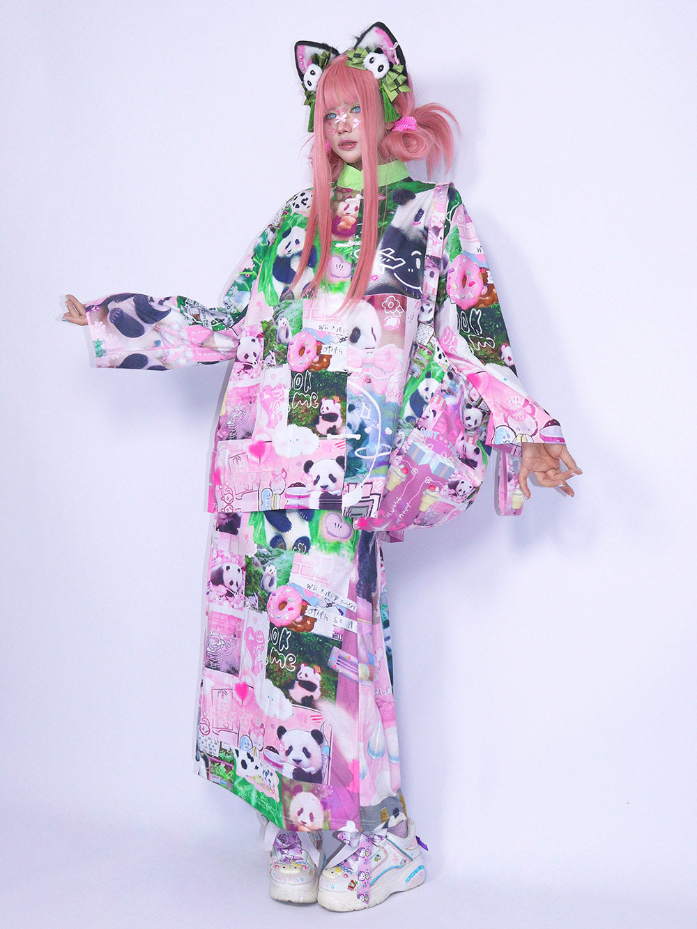 Pink Panda Collage Mandarin Collar Shirt