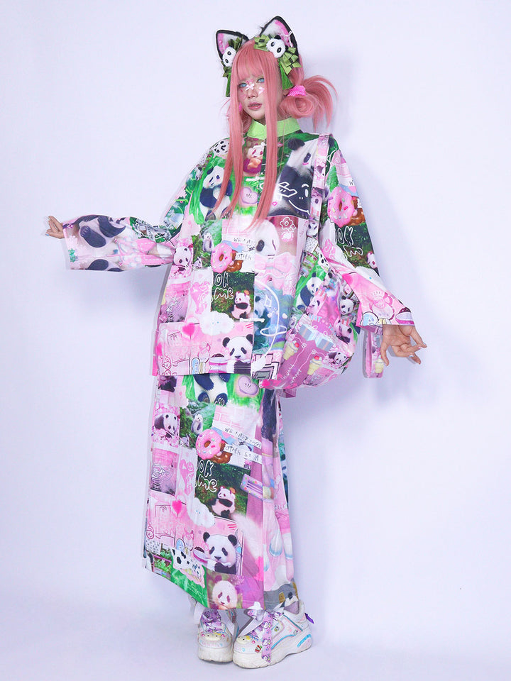 Pink Panda Collage Mandarin Collar Shirt