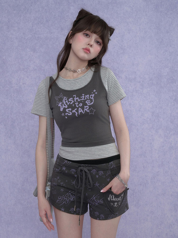 Doodle Print Cat Pocket Shorts