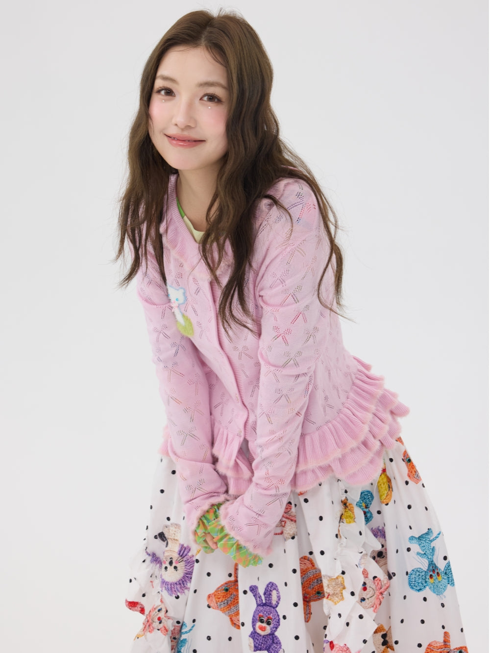 Cute Pink Ruffle Hem Knit Cardigan