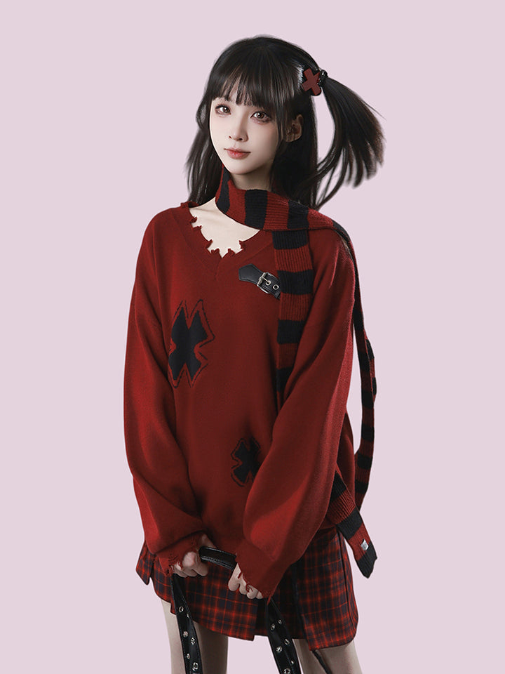 Grunge Distressed Cross Knit Sweater Set