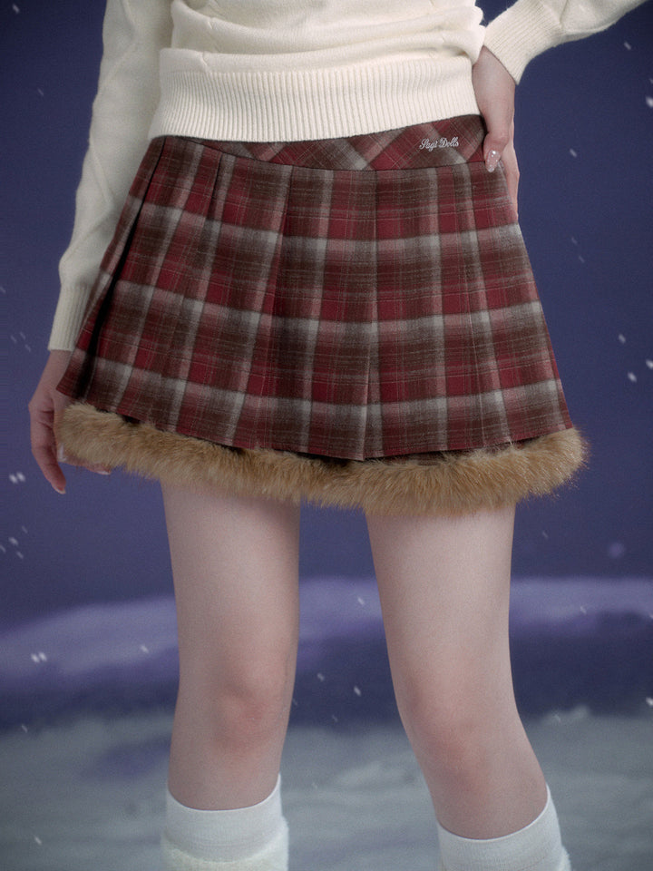 Red Plaid Fluffy Trim Pleated Mini Skirt