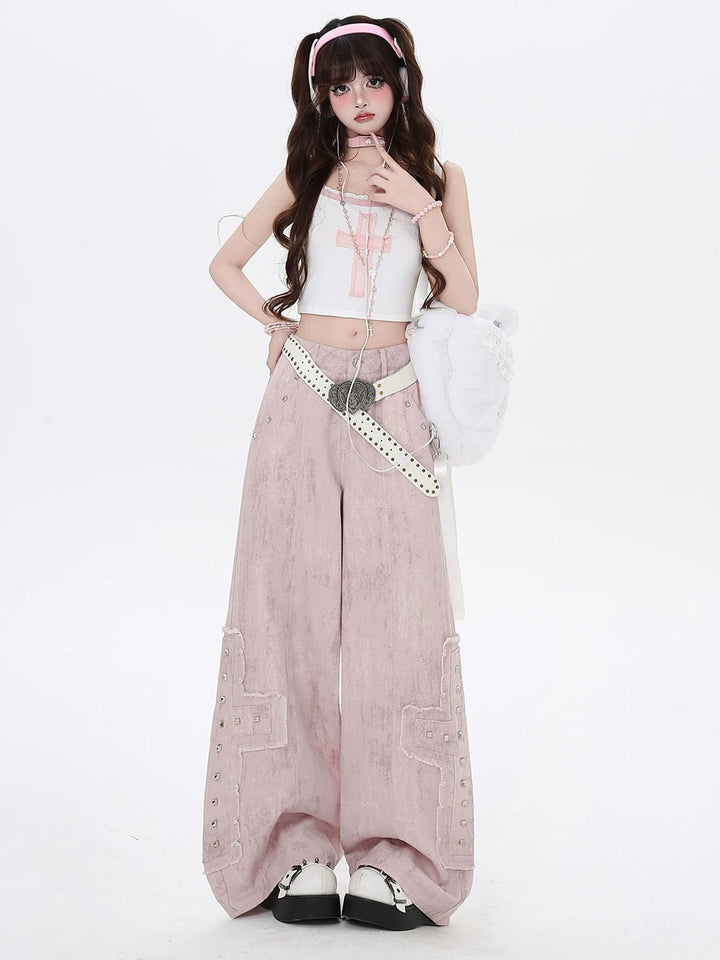 Y2K Studded Wide Leg Cargo Jeans