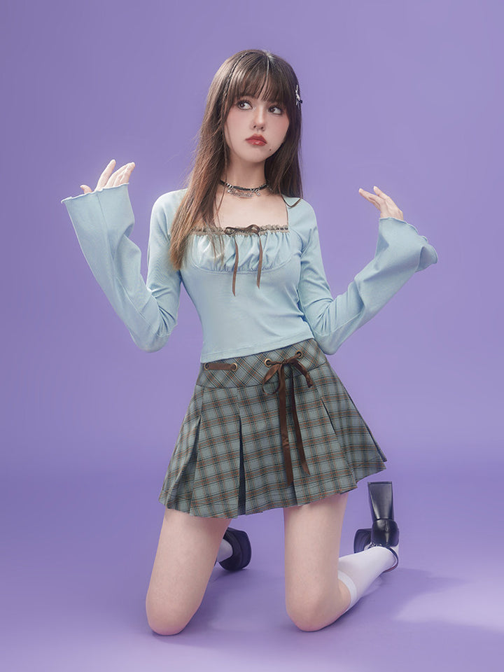 Blue Plaid Ribbon Tie Pleated Mini Skirt